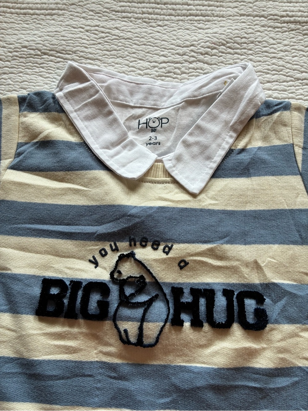 Hop Baby Striped 'Big Hug' Long Sleeve Polo Shirt in Cream & Blue - Picture 2 of 3